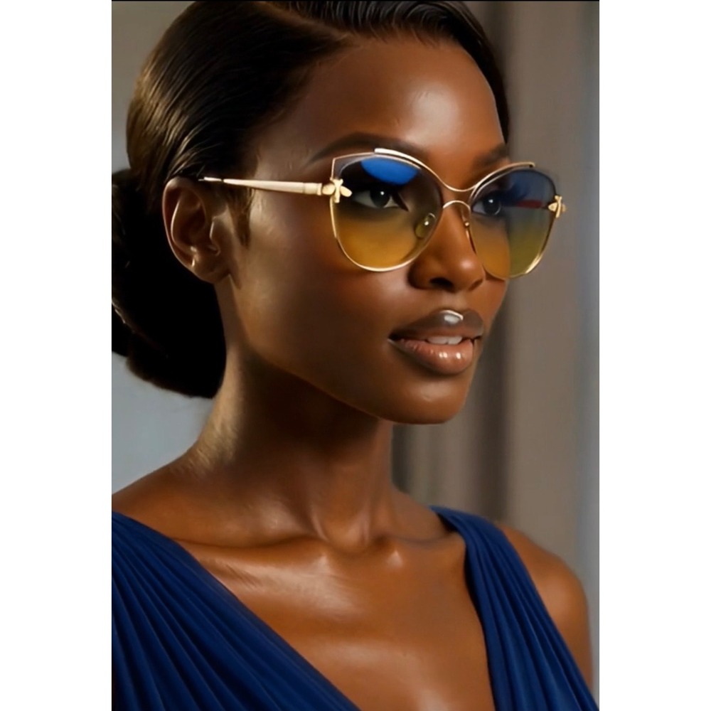 Gold Bee Oversized Cat Eye Sunglasses Blue Yellow Gradient Lens Metal Frame 2026